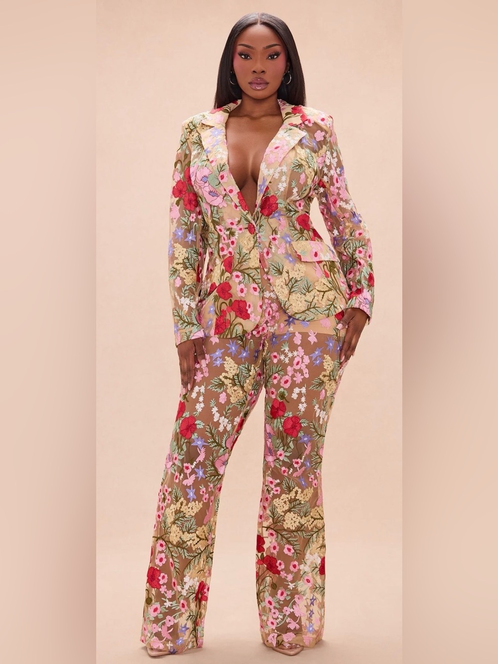 Fashion Nova Nude Sheer Embroidered Floral Suit Pants - Picture 4 of 9
